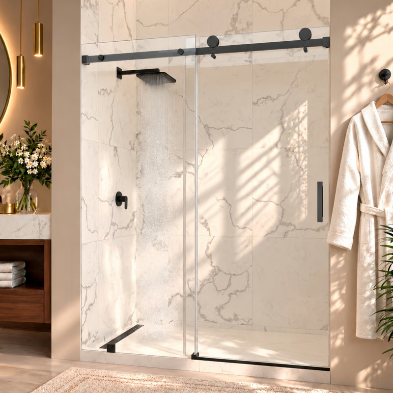 Porte de douche coulissante simple sans cadre avec verre transparent 3/8 po Serenity l 56 po x H 79 po, Noir mat