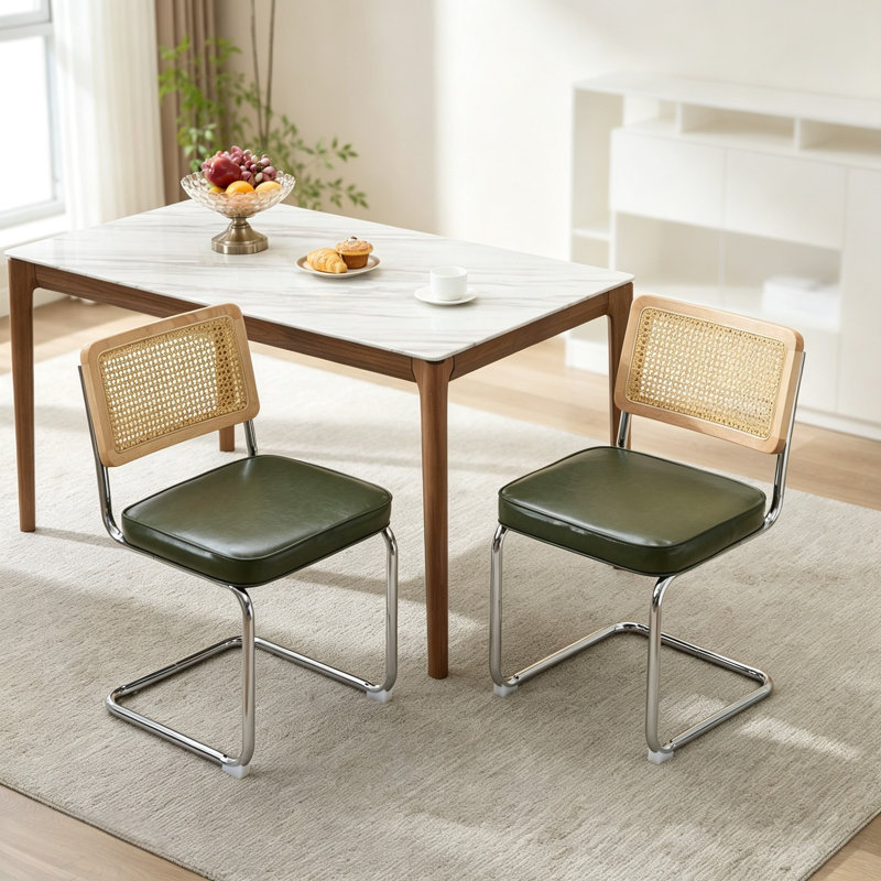 Chaise de salle à manger en similicuir Marlow Mid Mid-Century moderne avec structure chromée et dossier en rotin, 6, Vert