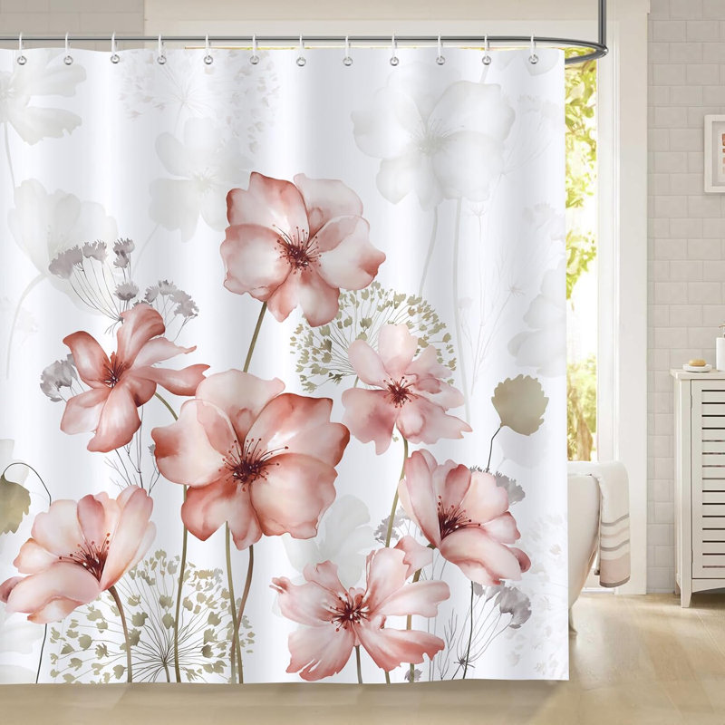 Watercolour Floral Polyester Shower Curtain, Pink