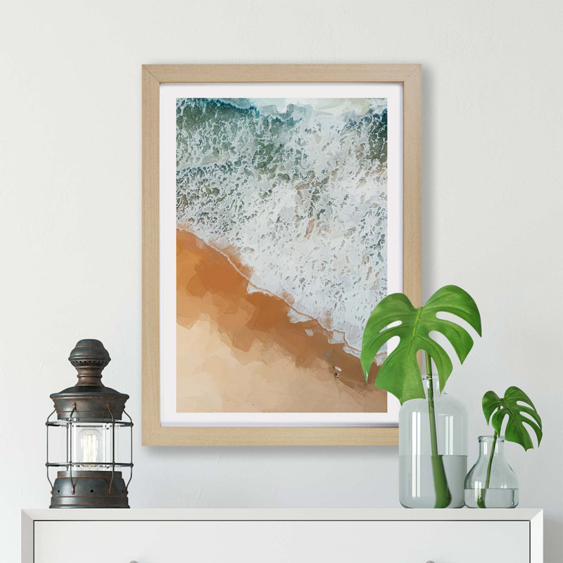 Surfer Upon The Beach in Australia - Framed Print, 45cm H x 63cm W x 2cm D, Oak