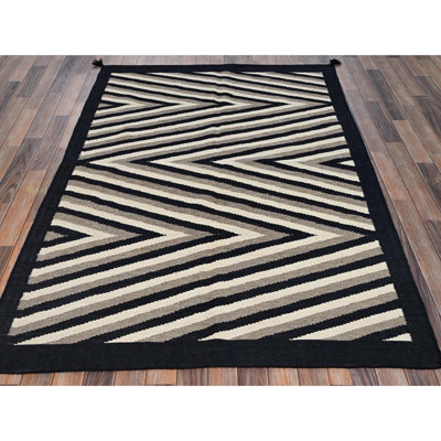 5'x7' Khaki Brown, Flat Weave, American Indian Southwest Geometric Design, Hand Woven, 100% Wool, Oriental Rug