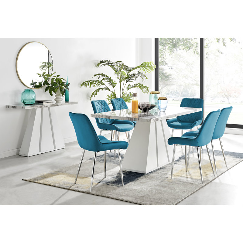 Athena Modern Marble Effect & High Gloss Dining Table Set with 6 Luxury Velvet Dining Chairs, Blue/Silver, Grey