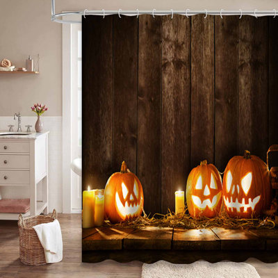 Scary Halloween Pumpkins Wooden Brown Shower Curtain with 12 Hooks