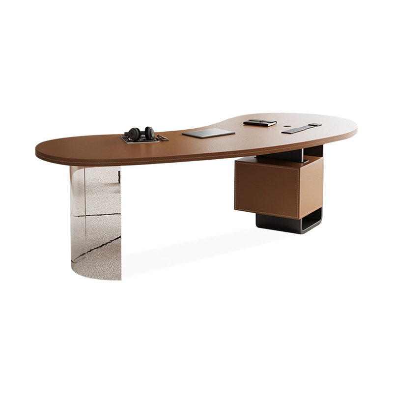Bureau à 2 tiroirs brun noisette + bois massif noir + fer + acrylique + Barenia, H 29,53 po x l 86,61 po x P 30,31 po