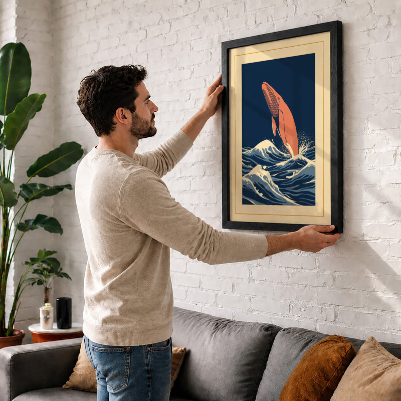 Whale Breaching Japandi - Framed Print, Black, A4 - 29.7 x 21.0 cm