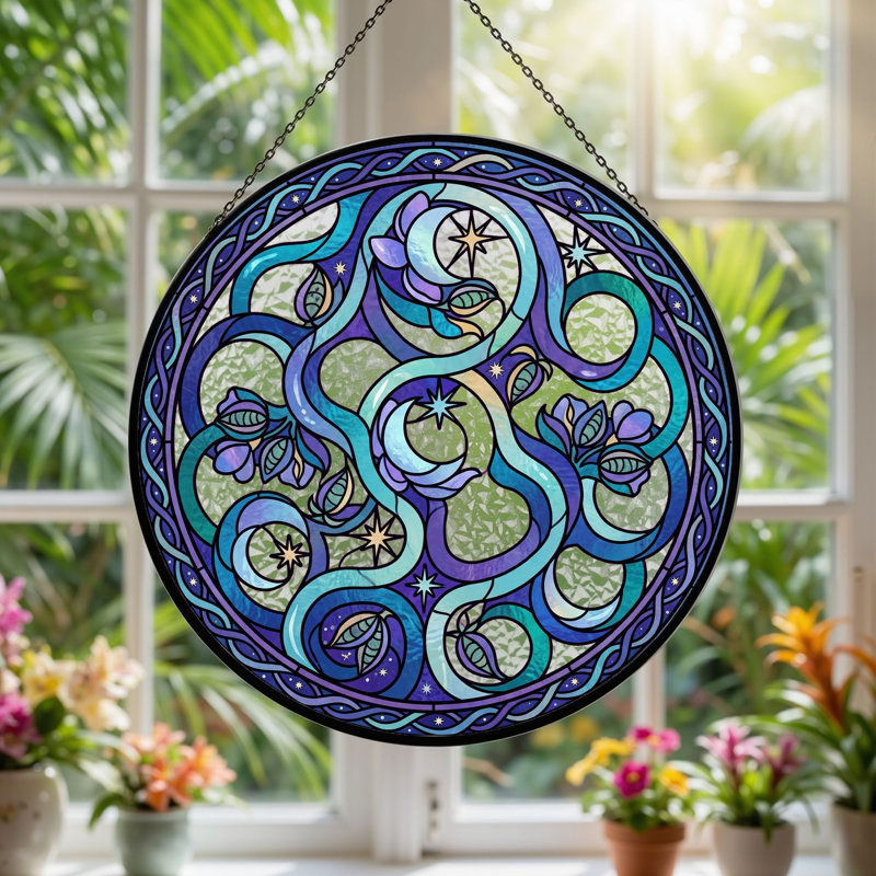 Celtic Moon Stained Glass Window Panel，7.8H, 7.8"H