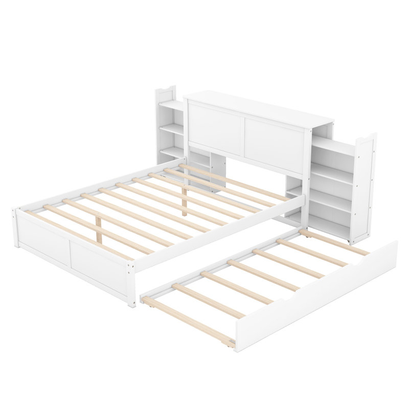 White Queen Storage Platform Bed with Pull-Out Shelves and Trundle, Solid Pine Wood, Queen