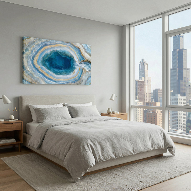 Géode de géode bleue et blanche avec accents dorés, tableau sur toile, 46“W x 24”H