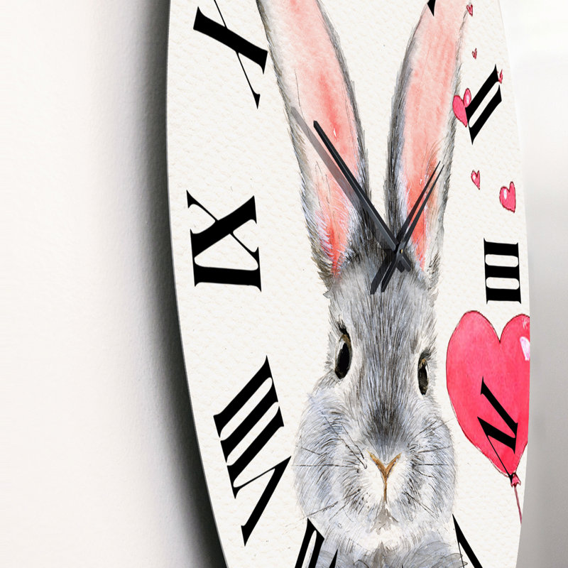 Mignon lapin gris moelleux avec cœur rouge - horloge murale traditionnelle, Grand