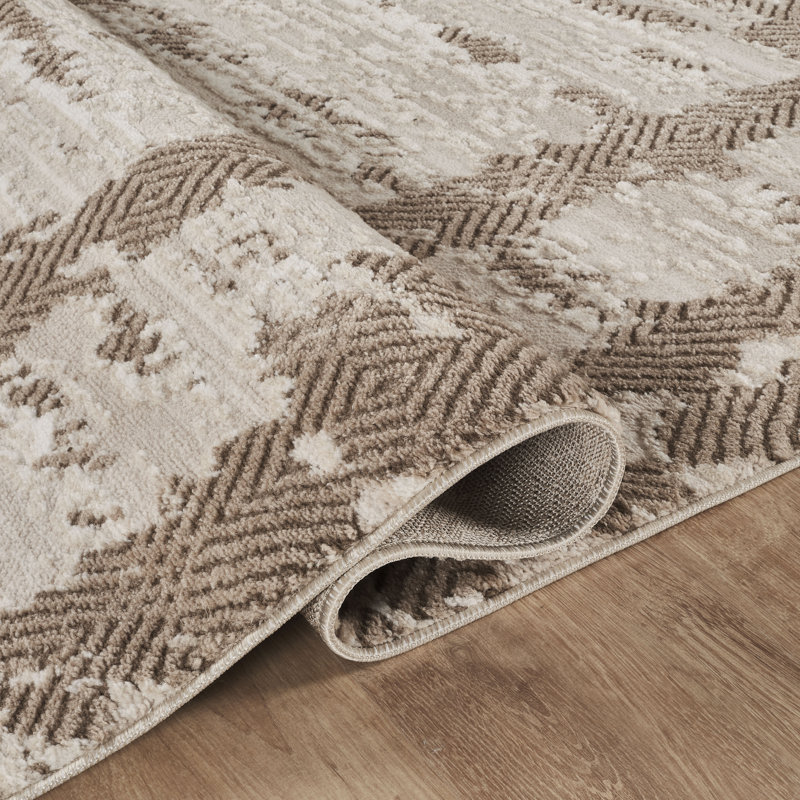 Alison Beige & Brown Abstract High-Low Modern Rug, 10'0" x 14'0", Beige/Brown