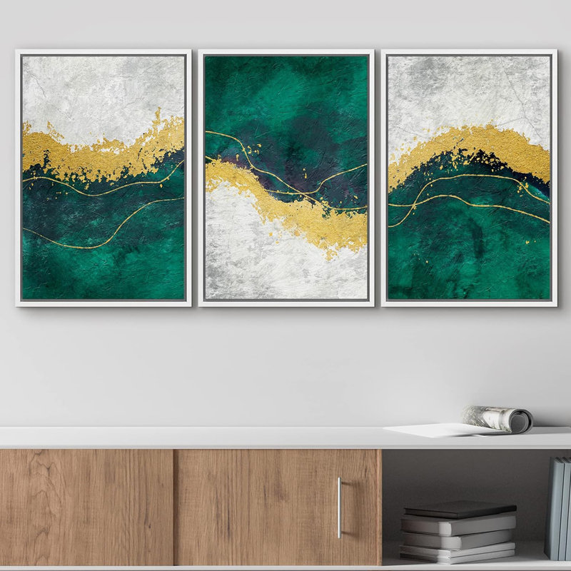 Formes géométriques abstraites géométriques dorées et vertes modernes sur toile, impression 3 pièces, Cadre flottant blanc