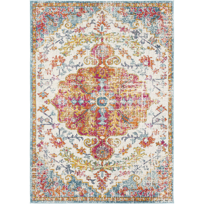 Tapis décoratif de style oriental beige / bleu sarcelle Hillsby, Rectangle 2 pi x 2 pi 11 po