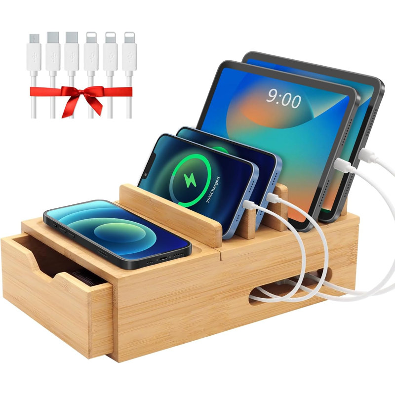 Organisateur de station de charge en bambou multi-appareils avec tiroir et plateau, station d'accueil de bureau comprenant 6 câbles pour l'iPhone, les téléphones cellulaires, les tablettes, les blocs d'alimentation (sans chargeur USB)