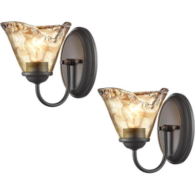 Rustic Finish Wall Sconce Vintage Vanity Light With Amber Glow Glass Shade For Bathroom Living Room Hallway Staircase Set Of 2