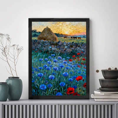 Art encadré noir sur fond noir: bleuet et coquelicots rouges, art mural de style rétro