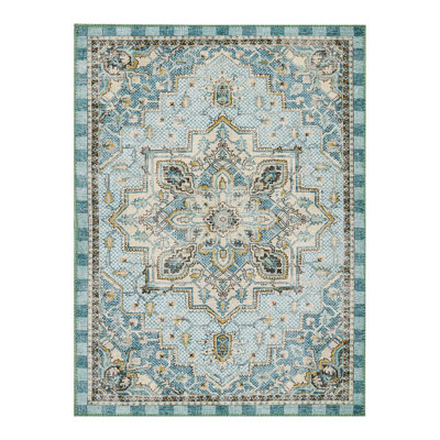 Heriz Checked Aqua Washable Rug