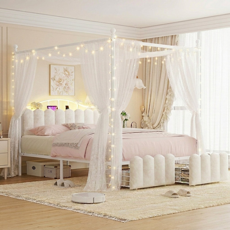 Lit à baldaquin princesse avec cadre en métal, tête de lit tapissier en velours avec lumières DEL, station de charge et tiroirs de rangement sous le lit