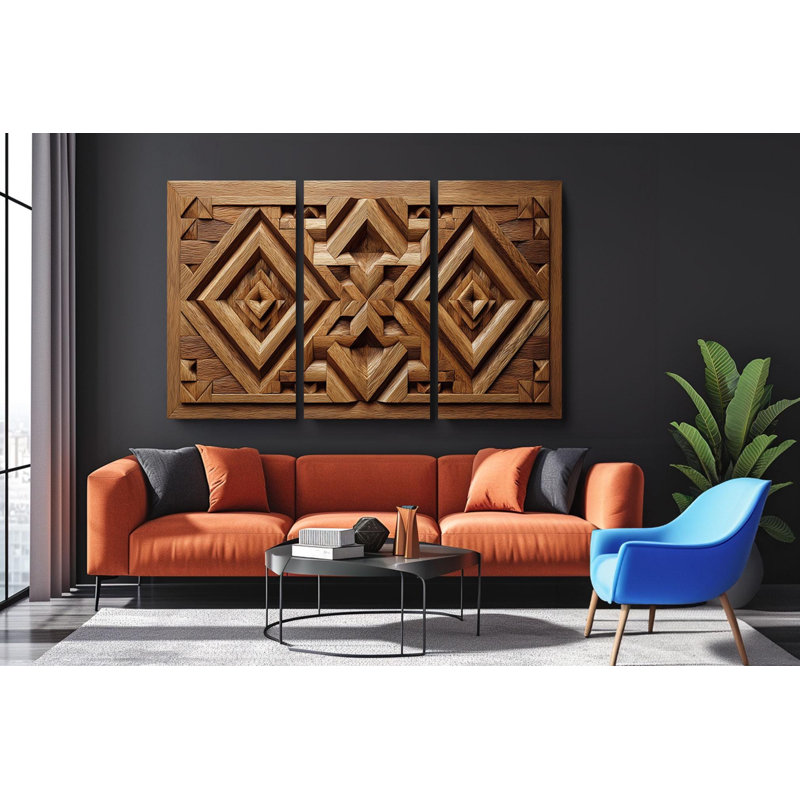 Geometric Wood Carved Look Canvas Print, 3 Piece Rustic Wall Art - Tribal Pattern Farmhouse Decor - Faux Wooden Texture Triptych Sign, Painting Reproduction