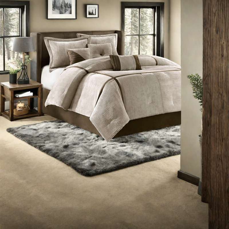 Ensemble de literie 7 pièces luxueux taupe, micro velours côtelé, très grand lit toutes saisons