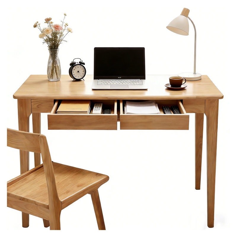 Solid Wood Desk with Drawers - Mid Century Modern Home Office Desk, Standing Desk for Small Spaces, Study Writing Table with Smooth Edges for Bedroom, Living Room