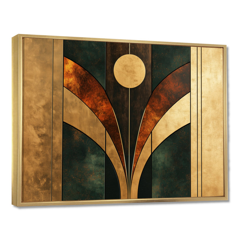 Geometric Walnut Essential Forms V - Abstract Art Deco Wall Art, 34" H x 44" W, Floater Framed, Gold