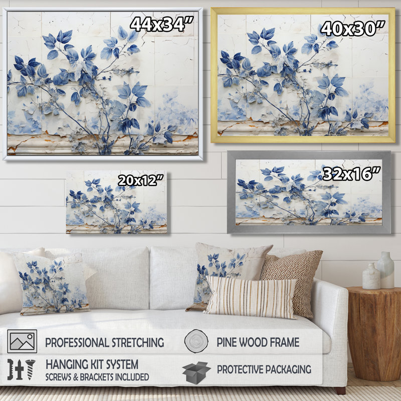 Art mural rétro fleur bleue rétro sur mur blanc, H 12 po x l 20 po x P 1 po, Toile avec cadre flottant noir