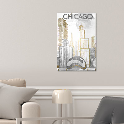 " Chicago Sketch Gold And Silver City Buildings Modern White "