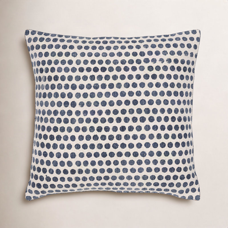 Zetta Polka Dots Cotton Throw Pillow, Square 18", Light Beige/Dark Blue, Polyester/Polyfill