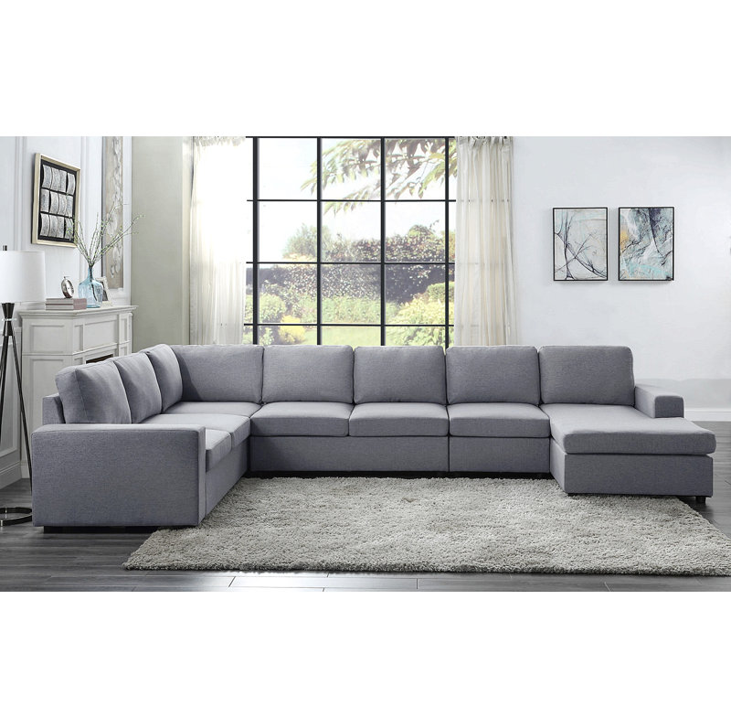 Modular Linen Sectional Sofa With Reversible Chaise, Light Gray, 33" H x 94" W x 147" D