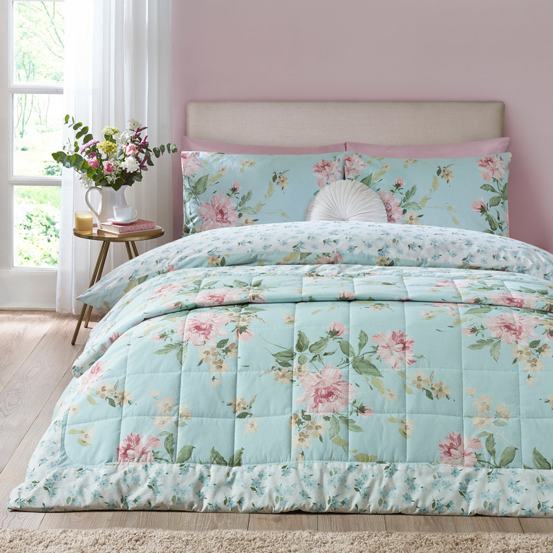 Avebury Floral Reversible Quilted Bedspread, Duck Egg Blue