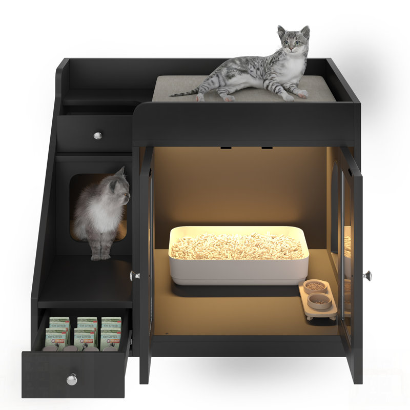 Enceinte de litière pour chat avec lumière, meuble de litière caché avec 2 tiroirs de rangement, table d'appoint pour chat pour le salon