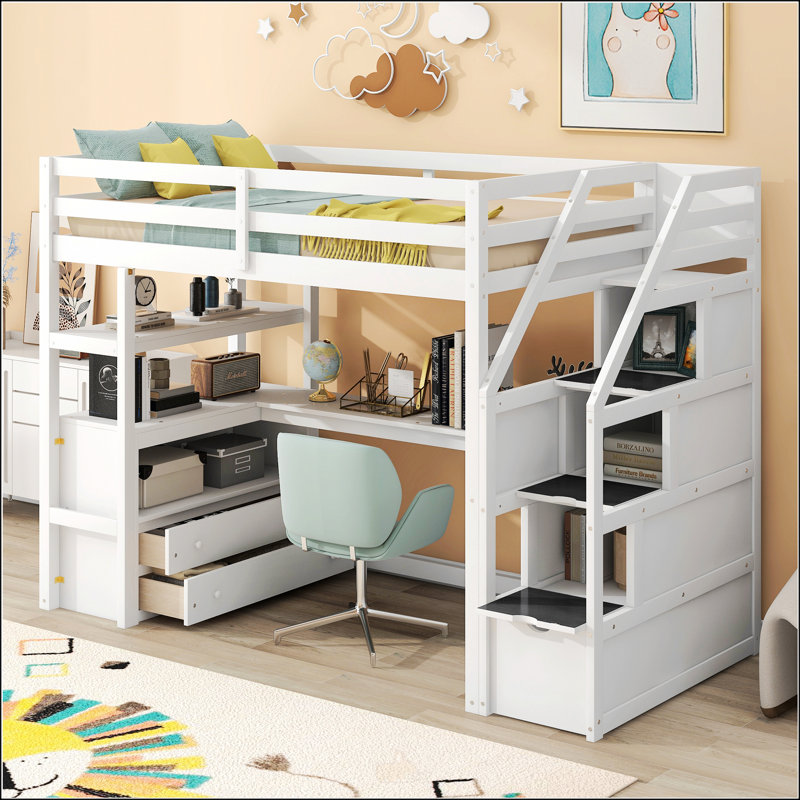 Lit mezzanine simple avec bureau et tablettes