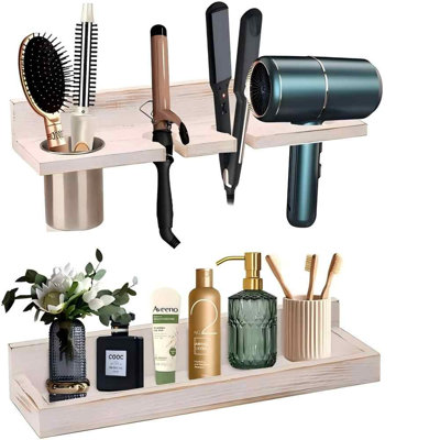 Hair Tool Organizer Wall Mount,2 Layer Rustic Blow Dryer Holder,White