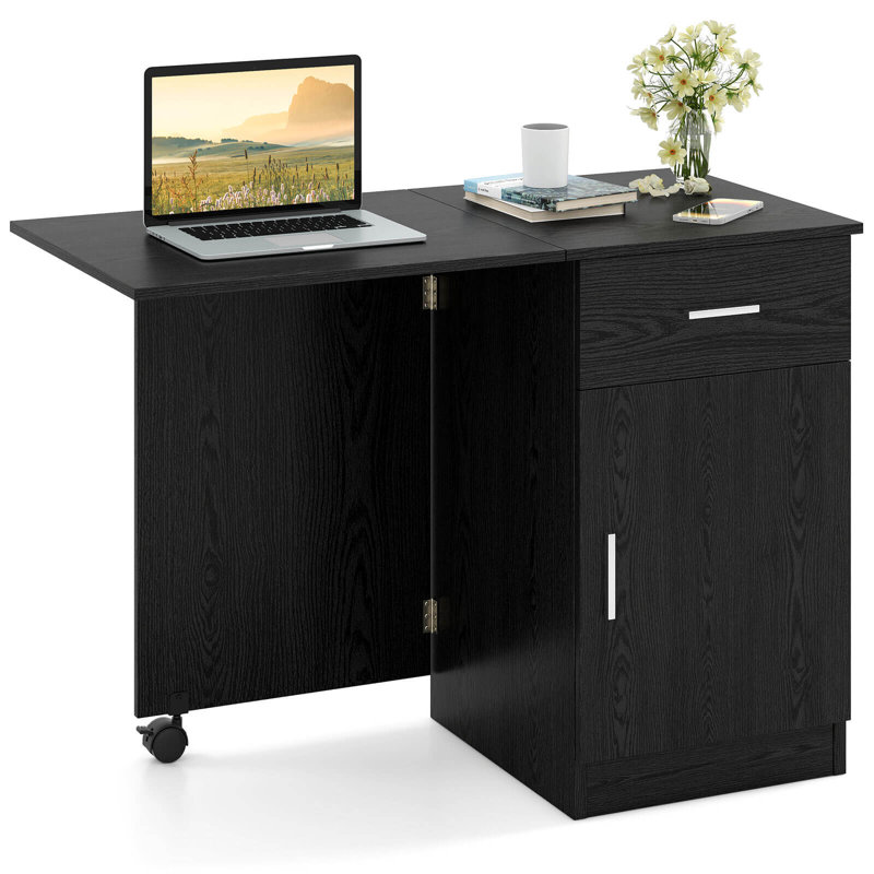 Folding Computer Desk With Drawer Cabinet & Adjustable Shelf Wheel For Living Room,, Black