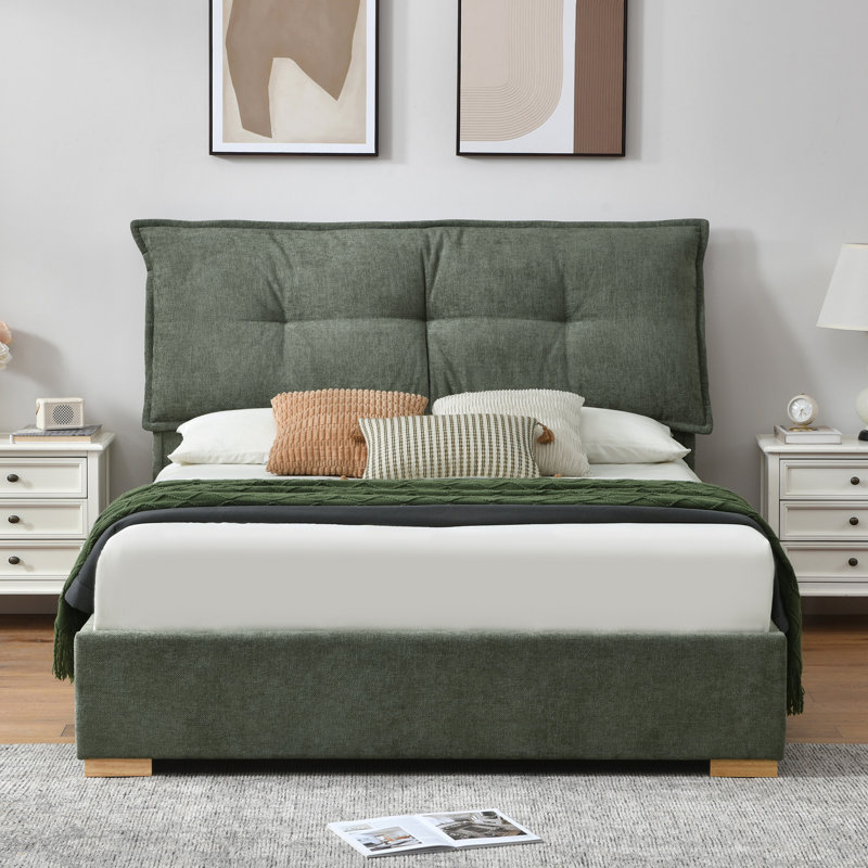 Lit plateforme tapissier avec tête de lit amovible de style coussin Braya et 2 grands tiroirs en bois, Double