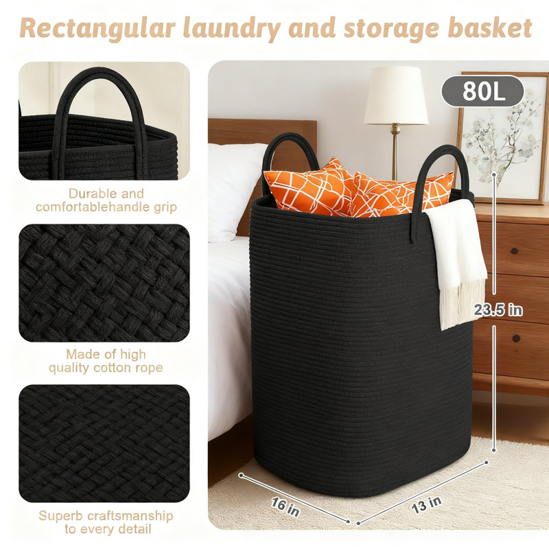 Panier à linge en corde de coton tissé avec poignées, organisateur de rangement de grande capacité 80L pour vêtements, jouets et articles ménagers