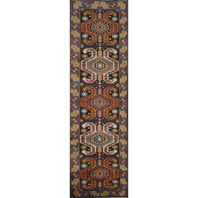 Hallway Carpet Blue Border Complex Figural Design Oriental Rug 3x10