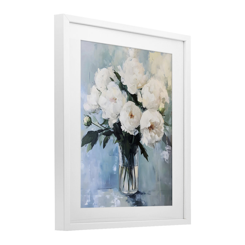 Vase de pivoines blanches, reproduction encadrée sous verre, design par LSR Creative Studio, H 16 po x l 13 po