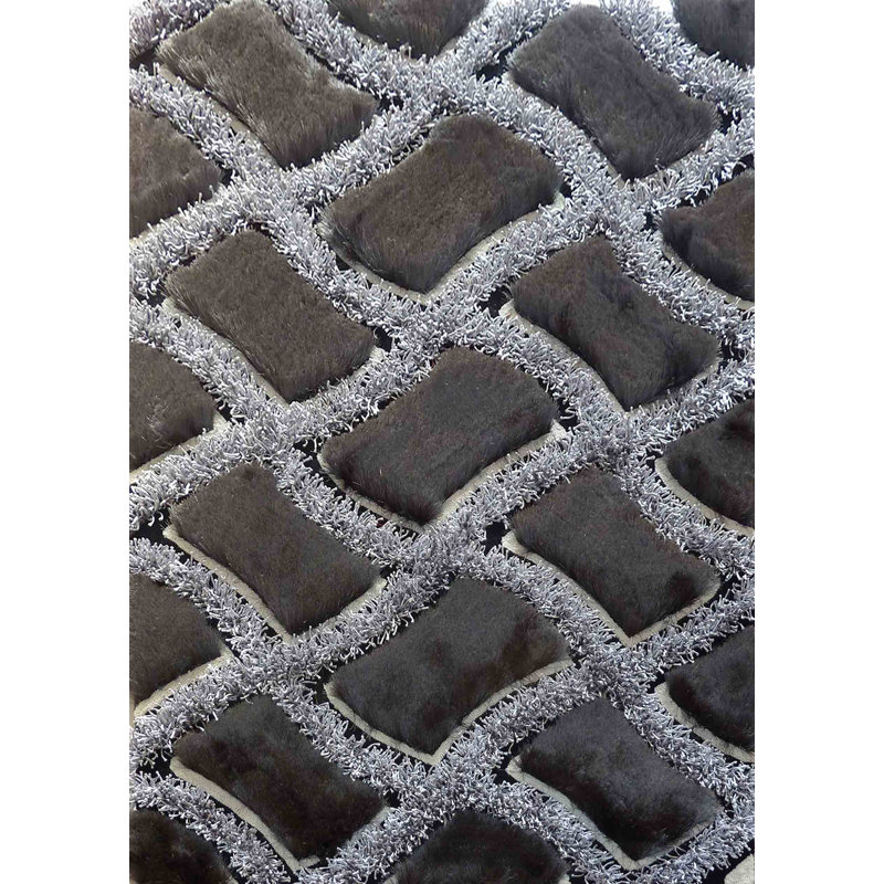 Tapis gris/noir touffeté géométrique fait main Kusan, Rectangle 8 pi x 11 pi