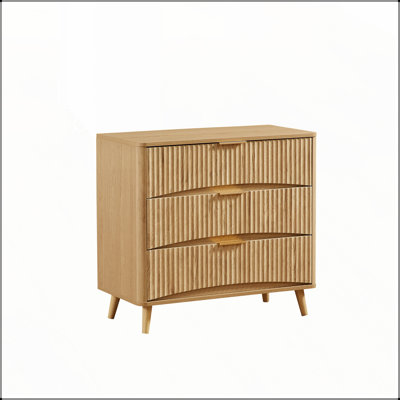 Fluted 3 Drawer Dresser, Modern Tall Chest with Vertical Grooved Design, Wood Storage for Bedroom and Living Room, Oak Finish