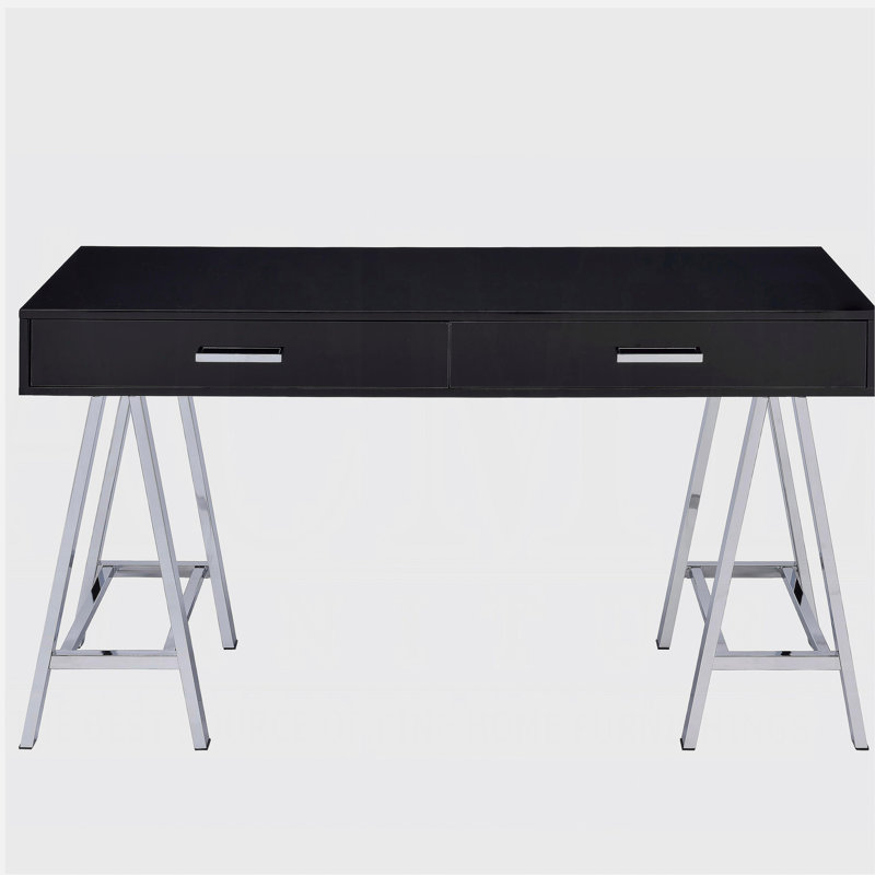 Bureau 2 tiroirs noir brillant et chrome
