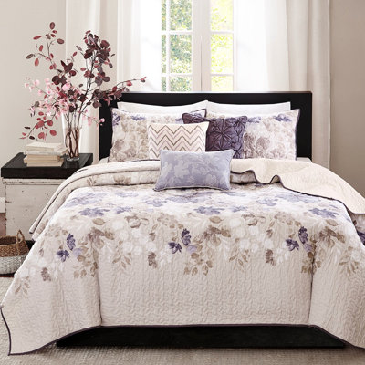Courtepointe très grand / très grand 6 pièces avec coussins. Motif floral aquarelle, 100% microfibre, lavable à la machine pour un très grand lit. Toucher, style réversible