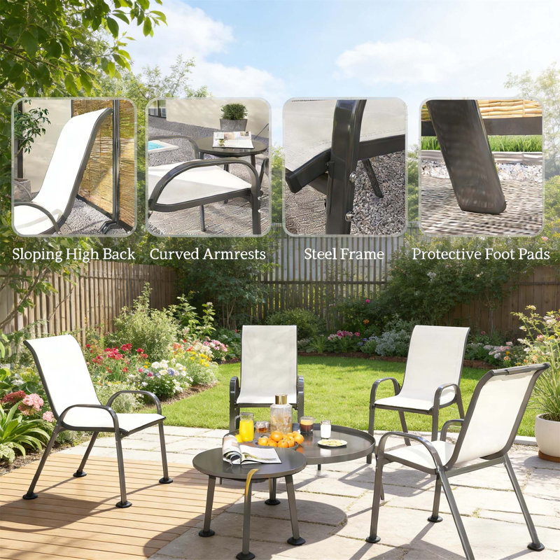 Ensemble de 4 chaises d'extérieur empilables, Noir / Beige