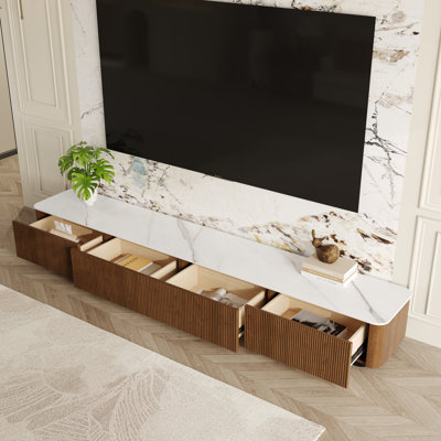 Meuble télé de 70,87 po à 141,73 po à dessus en pierre frittée avec de grands tiroirs de rangement, aucune console de rangement à grande capacité, meuble audio-vidéo pour salon, finition noyer