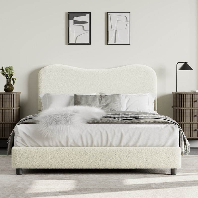 Base de lit grand rembourré beige Boucle - tête de lit nuage, profil bas, lattes de bois robustes, robuste, silencieux, sans sommier, assemblage facile - blanc cassé, grand