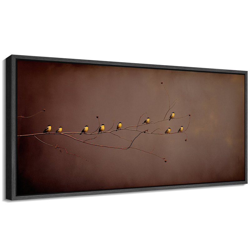 «Golden Birds on Branch Minimalist Nature», impression sur toile encadrée, H 30 po x l 60 po, Noir
