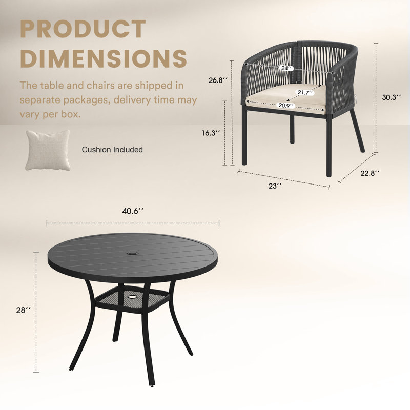 Ensemble repas pour 4 personnes avec chaises en rotin PE tissé, Beige, Noir, Gris