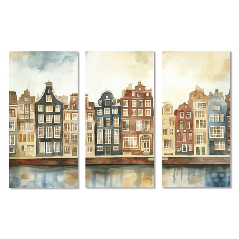 " Canals Of Amsterdam " 3 - Pieces, H 32 po x l 48 po, Toile tendue