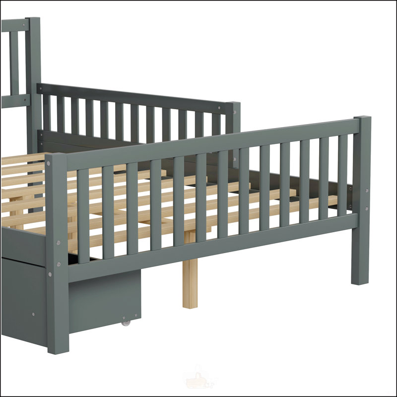 Lit plateforme double en bois avec garde-corps des deux côtés et deux tiroirs de rangement