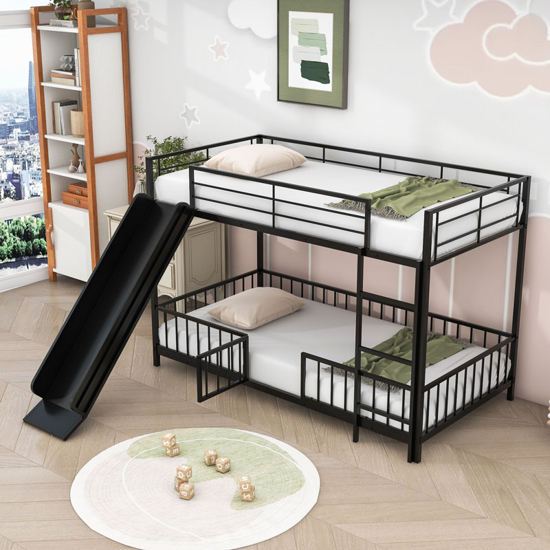 Twin Over Twin Metal Bunk Bed With Slide, Convertible Loft Design And Safety Guardrail, Black